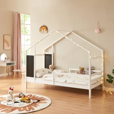 Imagen de Cama infantil lorenskog en forma de casa pino con reja 205x98
