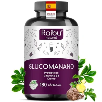 Imagen de Glucomanano 4100 mg por dosis, 180 cápsulas con probioticos, cromo y vitamina B3 Efecto saciante para Mujer Hombre Fibra Vegetal de la Raíz Konjac, Raibu