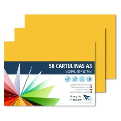 Imagen de Raylu Paper® Cartulinas A3 50 Unidades, 180g/m², 420 x 297 mm. de colores con tacto suave, perfectas para encuadernación, oficina, dibujo y manualidades. (Amarillo canario)