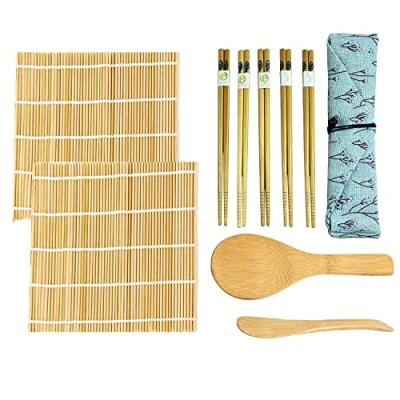 Imagen de Kit para Hacer Sushi, 10 Piezas Herramienta Sushi de Bambú, 2 Esterillas Sushi,5 pares Palillos,Pala arroz,Separador arroz,Bolsa almacenamiento