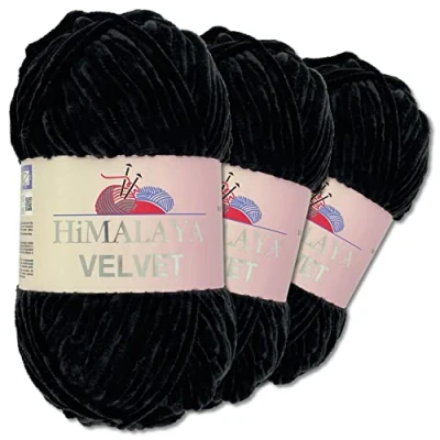Imagen de Wohnkult Himalaya 90011 3 ovillos de 100 g lana delfín aterciopelada, 40 colores a elegir, chenilla, hilo para tejer, felpilla, brillante, accesorio ropa, mantas (90011, negro)