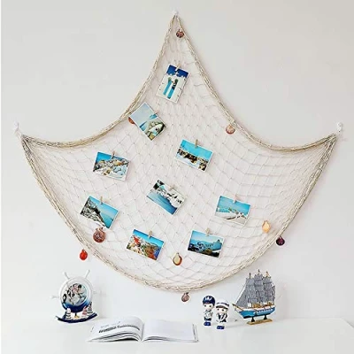 Imagen de AOFOX Red azul de pesca decorativa estilo mediterráneo con conchas, beige, 1.5M x 2M