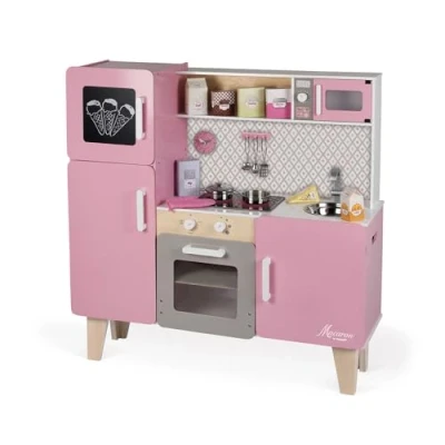 Imagen de Janod Maxi Cocina Infantil de Madera Macaron Equipada con Nevera y Microondas Imitación Desarrollo 15 Accesorios Incluidos Desde 3 años, J06571, Rosa