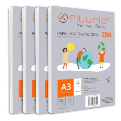 Imagen de Paquete de folios A3 250gr con 1000 Hojas Blancas, Papel Multifuncional para Uso Escolar y Entornos Laborales. Ideal impresoras láser, inyección o fotocopiadoras Ofituria