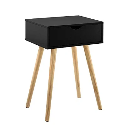 Imagen de [en.casa] Mesa Auxiliar con un Cajón 60 x 40 29,5 cm Mesilla de Noche Mesita Cómoda Diseño Negro