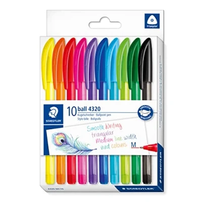 Imagen de STAEDTLER Bolígrafo triangular, ancho de línea M aproximadamente 1,0 mm, para una escritura relajada, 10 bolígrafos colores surtidos en estuche cartón, 4320 MC10