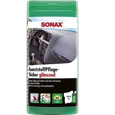 Imagen de SONAX toallitas de Cuidado plástico, Caja Brillante (25 Unidades) húmedas limpias, cuidan y Dan Brillo en una Sola operación. Número artículo: 04121000