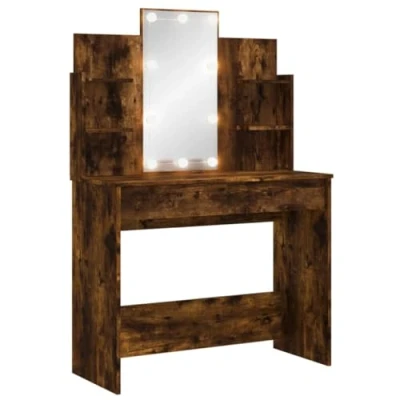 Imagen de vidaXL Tocador, Mesa con Luces LED Espejo Cajones Estantes, Tocador de Maquillaje, Mueble Almacenaje para Vestidor Dormitorio, Roble Ahumado