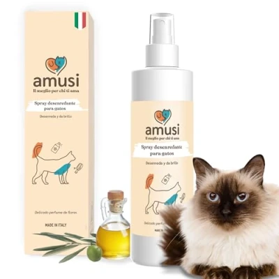 Imagen de amusi Spray Desenredante para Gatos 250 ml 100% Natural y Vegano. Desenreda Suaviza el Pelo de los Gatos. Deja Pelaje Suave Brillante. No Necesita Aclarado Perfuma. Todo Tipo