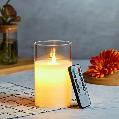 Imagen de Velas LED, Parpadeante Sin Llama, Funciona Con pilas Vidrio, Vela LED Temporizador Mando a Distancia, Real Cera, y Regulable, Para Dormitorio Comedor Fiesta 15cm Blanco