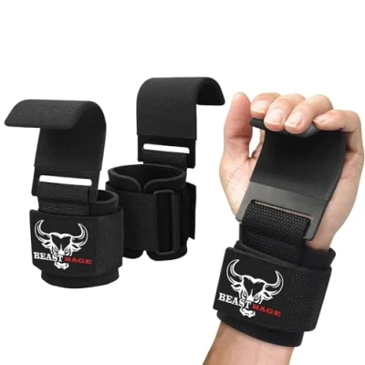 Imagen de BEAST RAGE Fitness Ganchos Levantamiento Peso Correas de Agarre Gym para Culturismo Gimnasio Grip Neopreno Acolchado Grueso Muñecas Elevación Guantes Muñequeras Pesas Hook Straps