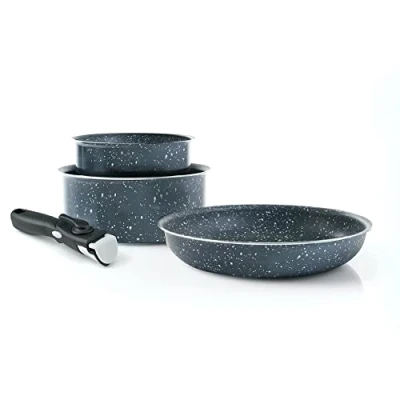 Imagen de Qdesign Batería de cocina inducción (4 piezas, 2 ollas 16 y 20 cm, 1 sartén 24 cm mango extraíble, aluminio ignífugo, color gris mármol)