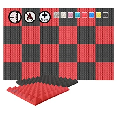Imagen de Arrowzoom 24 Piezas Panels Acustico Absorcion Sonido Piramide 50x50x5cm Espuma Acustica Aislamiento de Grabacion Casas Estudios Azulejos Incombustibles Insonorizados AZ1034 ROJO &amp; NEGRO