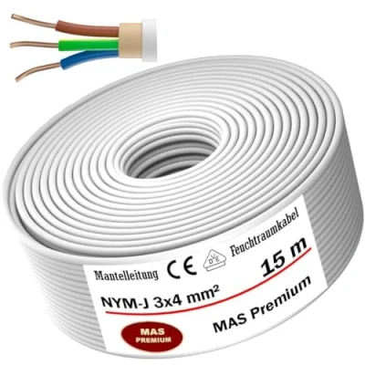 Imagen de MAS Premium cable de alimentación para ambientes húmedos 5 a 100 m, NYM J, 3 x 4 mm², anillo eléctrico instalación fija (15 m)