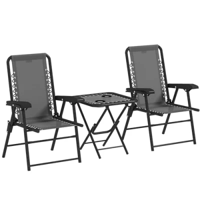 Imagen de Outsunny Conjunto de Mesa y Sillas Terraza Exterior 3 Piezas Muebles Jardín Plegables con Estructura Acero Portavasos para Patio Gris Oscuro