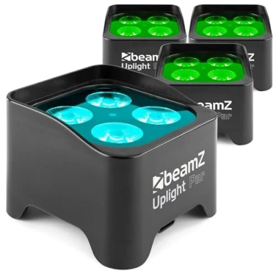 Imagen de BeamZ BBP90 set de 4 focos Uplight PAR LED con batería, leds vatios, iluminación escenario, discotecas, DMX, fiestas, escenarios, controlado por música, mando a distancia, color negro