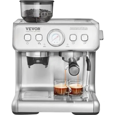 Imagen de VEVOR Cafetera Espresso con Molinillo, Semiautomática de 15 Bares Espumador Leche, Tanque Agua Extraíble y Manómetro para Capuchino, Latte, Machiato, Sistema Control PID