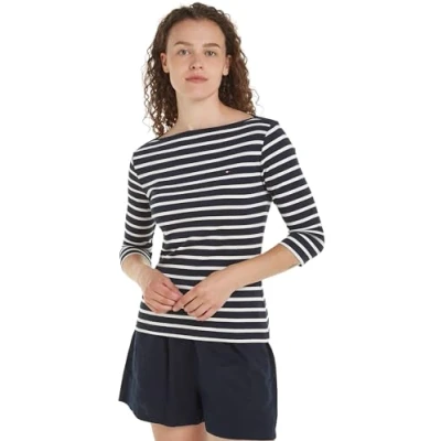 Imagen de Tommy Hilfiger Camiseta de Manga Larga para Mujer Slim con Cuello Barco, Multicolor (Breton Desert Sky/Ecru), XXS