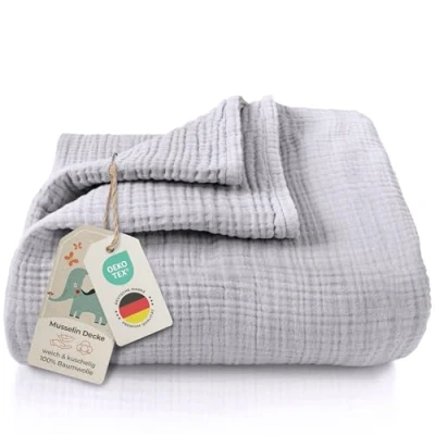 Imagen de LAYNENBURG Manta de muselinas Bebe 120x120cm 100% algodón Oeko Tex 100 acogedora o para Dormir, pañales, paño eructar bebé, recién Nacido y niño pequeño (Gris)