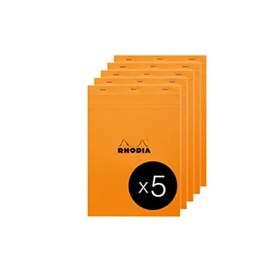 Imagen de RHODIA 18200C Bloc de notas engrapado N18 naranja A4 Cuadrados pequeños 80 hojas desmontables Papel Clairefontaine g Cubierta tarjeta revestida Paquete 5 almohadillas