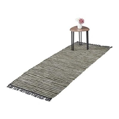 Imagen de Relaxdays Alfombra de Pasillo con Flecos, 80 x 200 cm, Algodón y Cuero, Antideslizante, Retazos, Verde