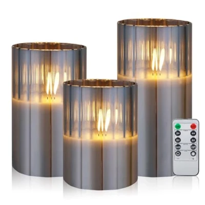 Imagen de CCLIFE CushHom Juego de 3 velas LED con mando a distancia, función temporizador, 300 horas parafina parpadeante, cera real, sin llama, funciona pilas