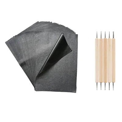 Imagen de Papel de Carbón,100 Hojas Negro Transferde Calco con 5 Pcs Styluses Relieve para Madera,Papel,Cerámica