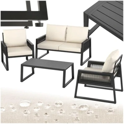 Imagen de TecTake® Conjunto Muebles de Jardín Exterior Aluminio, 2 Sillones 1 Sofá y Mesa, Altura Regulable, Mesa Sillas Terraza Resistentes a Intemperie, Cojines Extragruesos, Fundas Extraíbles