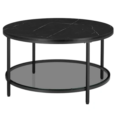 Imagen de VASAGLE Mesa de Centro, Salón, Sofá Mármol Imitación Redonda, Estante Vidrio Templado, Montaje Fácil, Estilo Moderno, Negro y Tinta LCT071B58