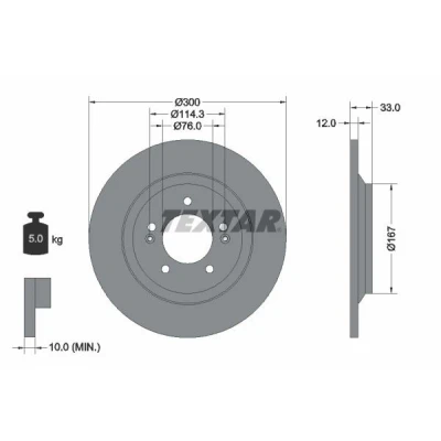 Imagen de TEXTAR 92296303 Disco de freno 300 12 05/07 114,3 macizo revestido sin perno sujeción rueda, buje rueda HYUNDAI: i30 III Hatchback