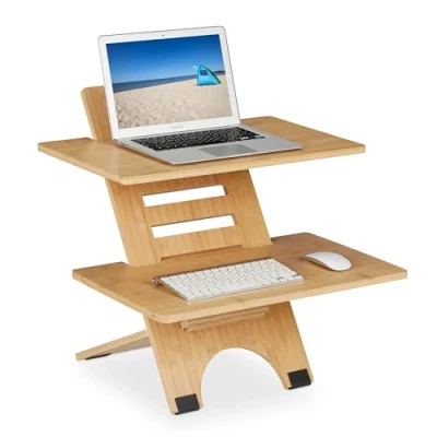 Imagen de Relaxdays Soporte Ordenador de Pie, Altura Regulable, 2 Baldas, Bambú, Accesorio para Escritorios, Oficina, Natural, 61 x 60 cm