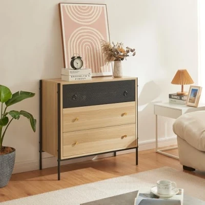 Imagen de [en.casa] Cajonera Tysnes Aparador Multiusos con 3 Cajones para Sala Recibidor Cómoda Dormitorio Patas Metálicas Aglomerado Metal 80 x 40cm Efecto Roble/Negro