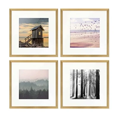 Imagen de PHOTOLINI marcos 30x30 cm oro madera MDF, set de 4 para pósteres con paspartú 20x20 cm, cristal acrílico, colgar y poner pie, incluye accesorios fotos, láminas