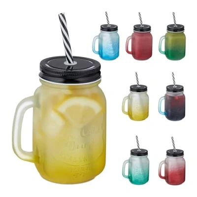 Imagen de Relaxdays Jarras con Tapa y Pajita, Set de 8, 400 ml, Efecto Congelado, Vasos Veraniegos Asa, Multicolor/Negro