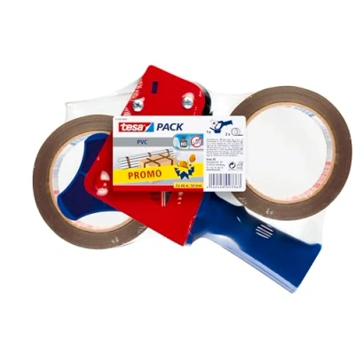 Imagen de tesapack Ultra Fuerte y Dispensador Manual con 2 Cintas Adhesivas de PVC Extra Resistentes al Desgarro Marrón 66 m x 50 mm