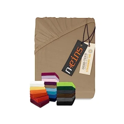 Imagen de npluseins Sábana bajera clásica de punto jersey, disponible en 34 colores modernos y 6 tamaños diferentes, 100% algodón, 140 160 x 200 cm, color marrón claro
