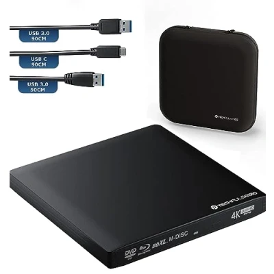 Imagen de techPulse120 Unidad externa UltraHD UHD 4k 3D M DISC BDXL HDR10 100GB USB 3.0 y C Bluray Grabadora Burner Superdrive UltraSlim BD DVD CD Ultra Paquete Bolsa de 90 cm Cable conexión Aluminio