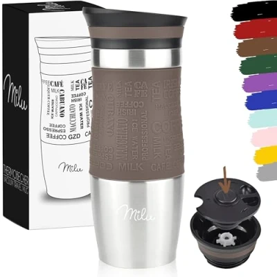 Imagen de Milu Taza aislante de café y té para llevar 370ml 450ml 100% a prueba fugas acero inoxidable beber vaso aislamiento al vacío Caliente frío (Marrón, 370ml)