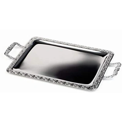 Imagen de APS bandeja Schöner Essen, ayudante de buffet, acero inoxidable 18/0 con borde decorativo, asas zinc fundido a presión, cromado, remachado, 31 x 54 cm, 3 cm altura