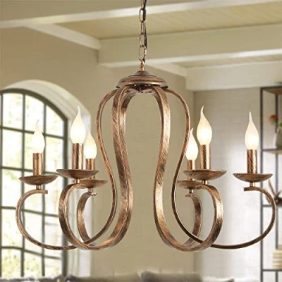 Imagen de Ganeed Candelabros de bronce, candelabro colgante hierro retro, luz rústica con vela 6 luces, lámpara techo granja industrial, iluminación isla cocina altura ajustable
