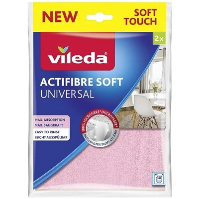 Imagen de Vileda Actifibre Soft Paño de Limpieza Universal Microfibra, 100% Microfibra para Resultados sin Rayas, Alta absorción, Todas Las Superficies Lisas, Color Rosa y Gris, Pack 2