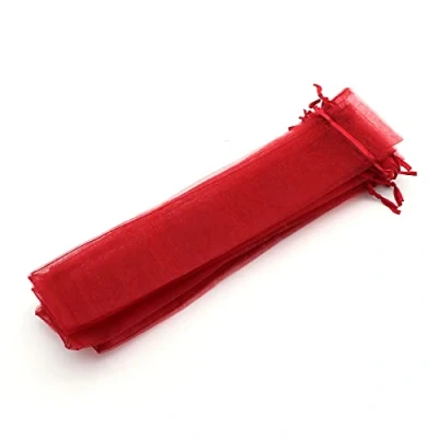 Imagen de 50 fundas rojas de organza, tamaño 26 cm x 6 cm, ideales para objetos largos (abanicos, bolígrafos, etc.) (rojo)