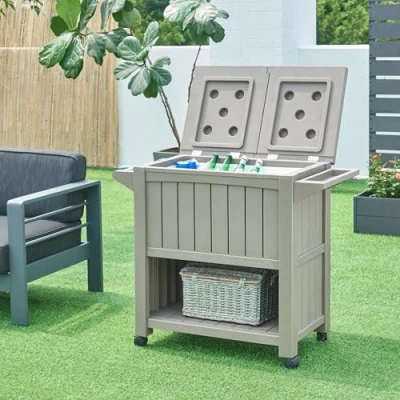 Imagen de casa.pro Carrito Nevera Arsita para Bebidas Carro de Servicio Multiusos con Bolsa Auxiliar Jardín Balcón Barbacoa PVC Plástico 102 x 47 87 cm Beige