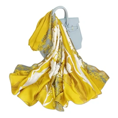 Imagen de LumiSyne Bufandas de Seda Suave Para Mujer Estampado Floral Rose Estilo Dulce y Elegante Estolas Fulares Largas Chal playa Durante Toda La Temporada (Floral Amarillo)