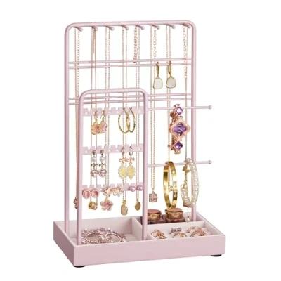 Imagen de SONGMICS Soporte para Joyas, Organizador de Expositor Marco Metal, Bandeja Terciopelo, Collares, Pulseras, Pendientes, Tachuelas, Anillos, Regalo, Rosa Jalea JJS021R01