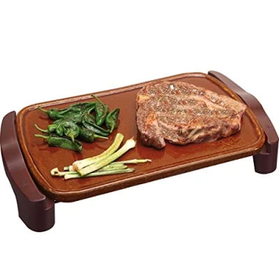Imagen de Jata GR559 Plancha de Asar Terracota, Antiadherente, Resistencia al rayado, 1600 W, Medidas 46 x 28 cm, en forma M, Fabricada España, Fácil limpieza, Fabricación Artesanal, Bandeja recogesalsas
