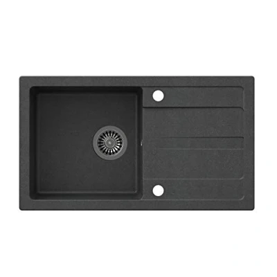 Imagen de VBChome Fregadero de 77 x 44 cm, granito, color negro, empotrable, superficie escurrido, reversible, compuesto + sifón dispensador detergente