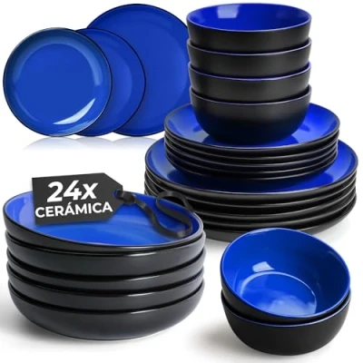 Imagen de MIAMIO Juego de Vajilla 24 Piezas para 6 Personas/Vajilla Gres Incluye Platos, Platos Hondos y Tazones Apto Microondas Lavavajillas Colección Le Papillon (Azul)