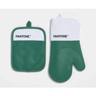 Imagen de Pantone™ Juego de Cocina Compuesto por Guante Horno + agarrador, algodón con Agarre Antideslizante Silicona Útiles Accesorios Resistentes al Calor hasta 250 C Blanco/Verde
