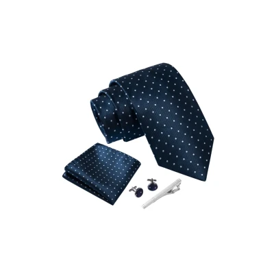 Imagen de Massi Morino Corbatas de hombre Azul Oscuro Punteado y pañuelos con gemelos, clip corbata set Intenso Accesorio traje modernas para boda